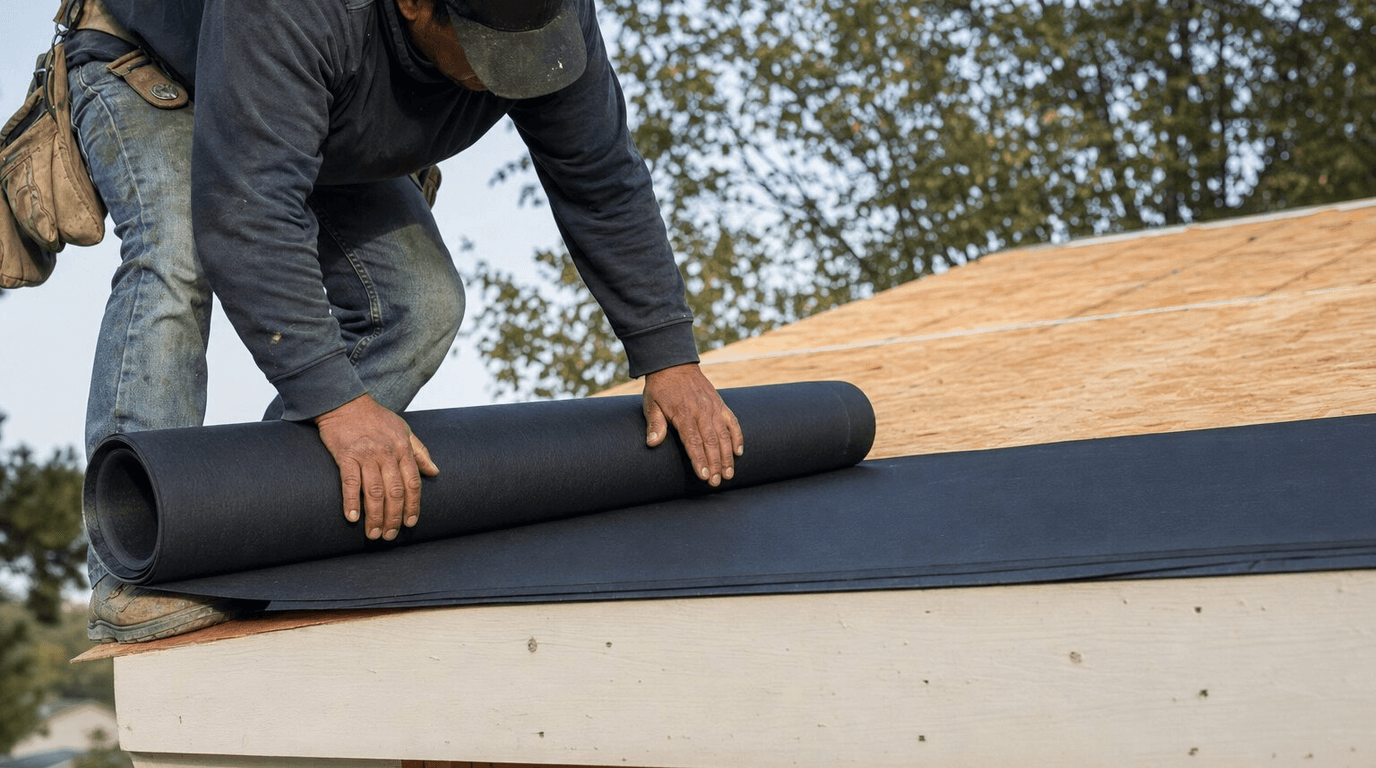 Ice and water shield membrane being installed on a Wisconsin home roof deck before shingles are laid