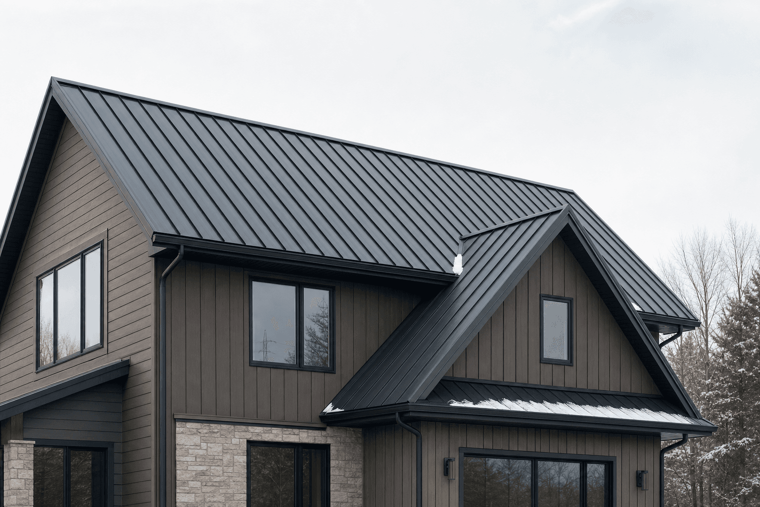 Close-up of a gray standing seam metal roof on a Northeast Wisconsin house