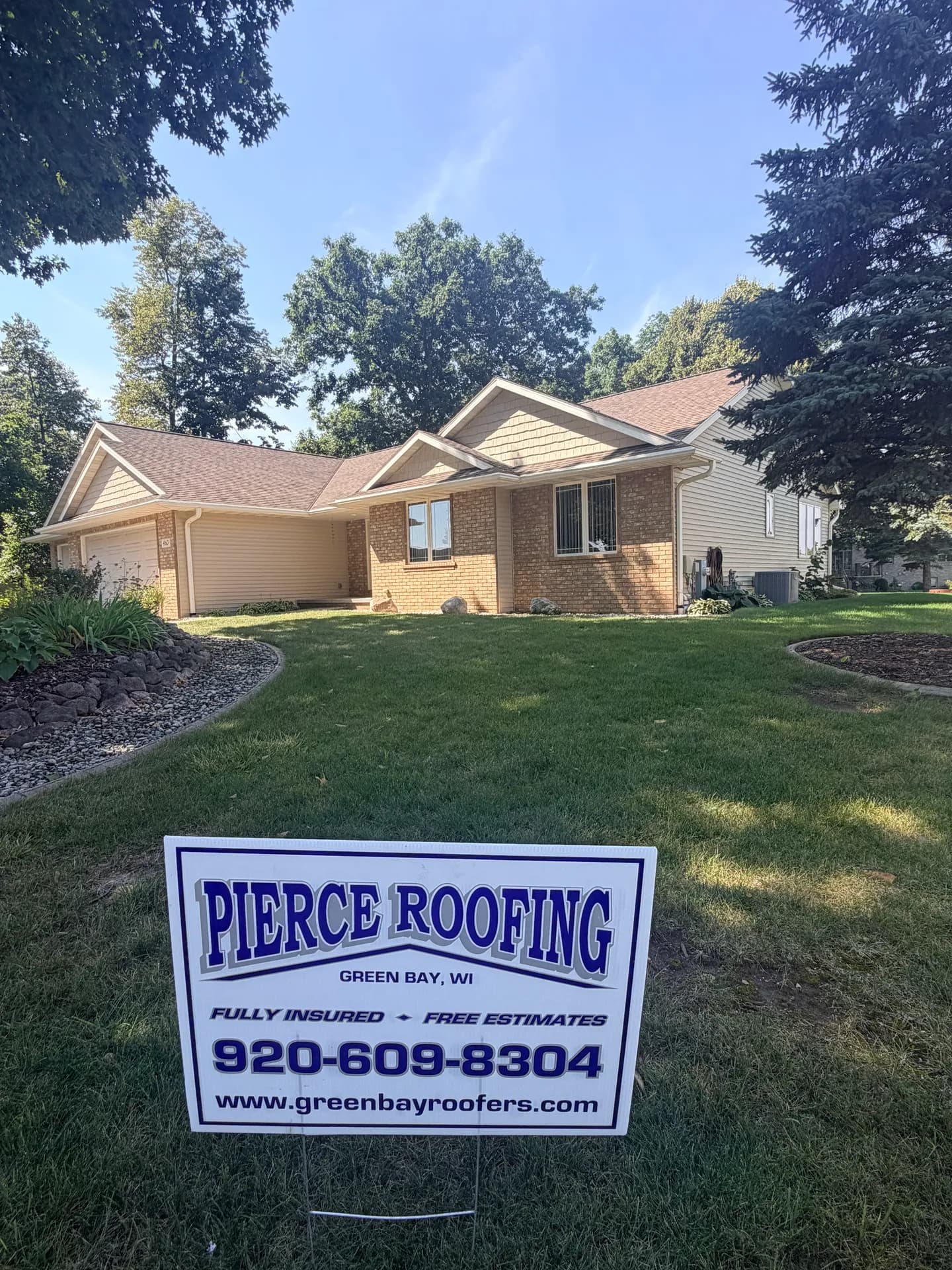 Completed roof replacement on a brick ranch home in Dyckesville WI